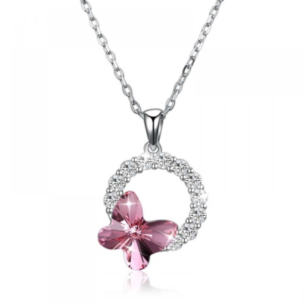 Butterfly Romantic Round Pendant Necklace Pink/Platinum Plated